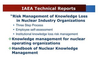 IAEA Technical Reports
“Risk Management of Knowledge Loss
   in Nuclear Industry Organizations
  Three Step Process
  Employee self-assessment
  Institutional knowledge loss risk management
Knowledge management for nuclear
operating organizations
Handbook of Nuclear Knowledge
Management
 