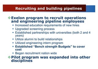 Recruiting and building pipelines

Exelon program to recruit operations
and engineering pipeline employees
 Increased education requirements of new hires
 Upgraded screening process
 Established partnerships with universities (both 2 and 4
 years)
 Utilize alumni to build relationships
 Utilized engineering intern program
 Established “Bench strength Budgets” to cover
 cost
 Began recruitment nation wide
Pilot program was expanded into other
disciplines
 