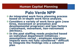 Human Capital Planning

            Palo Verde NPP
An integrated work force planning process
based on in-depth work force analysis.
Considers a variety of work force gain (new
hires, movement or promotion and
developmental programs) and loss factors
(retirement, movement, non-retirement
attrition).
In the past staffing needs projected based
on individual department initiatives -
assumptions varied - employee migration
impacts were not fully considered - difficult
to integrate the findings into a coherent
plan
 