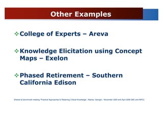 Other Examples

      College of Experts – Areva

      Knowledge Elicitation using Concept
      Maps – Exelon

      Phased Retirement – Southern
      California Edison

Shared at benchmark meeting “Practical Approaches to Retaining Critical Knowledge”, Atlanta, Georgia – November 2005 and April 2006 (NEI and INPO)
 