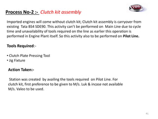 Process No-2 :- Clutch kit assembly
Imported engines will come without clutch kit; Clutch kit assembly is carryover from
existing Tata BS4 SDE90. This activity can’t be performed on Main Line due to cycle
time and unavailability of tools required on the line as earlier this operation is
performed in Engine Plant itself. So this activity also to be performed on Pilot Line.
Tools Required:-
• Clutch Plate Pressing Tool
• Jig Fixture
Action Taken:-
Station was created by availing the tools required on Pilot Line. For
clutch kit, first preference to be given to M/s. Luk & incase not available
M/s. Valeo to be used.
41
 