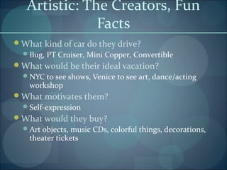 Artistic: The Creators, Fun
Facts
What kind of car do they drive?
Bug, PT Cruiser, Mini Copper, Convertible
What would be their ideal vacation?
NYC to see shows, Venice to see art, dance/acting
workshop
What motivates them?
Self-expression
What would they buy?
Art objects, music CDs, colorful things, decorations,
theater tickets
 