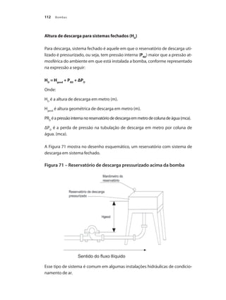 Bombas
112
Altura de descarga para sistemas fechados (HD
)
Para descarga, sistema fechado é aquele em que o reservatório de descarga uti-
lizado é pressurizado, ou seja, tem pressão interna (PRD
) maior que a pressão at-
mosférica do ambiente em que está instalada a bomba, conforme representado
na expressão a seguir:
HD
= Hgeod
+ PRD
+ ΔPD
Onde:
HD
é a altura de descarga em metro (m).
Hgeod
é altura geométrica de descarga em metro (m).
PRD
éapressãointernanoreservatóriodedescargaemmetrodecolunadeágua(mca).
ΔPD
é a perda de pressão na tubulação de descarga em metro por coluna de
água. (mca).
A Figura 71 mostra no desenho esquemático, um reservatório com sistema de
descarga em sistema fechado.
Figura 71 – Reservatório de descarga pressurizado acima da bomba
Esse tipo de sistema é comum em algumas instalações hidráulicas de condicio-
namento de ar.
Sentido do fluxo llíquido
Bombas.indd 112 18/02/2009 16:15:15
 