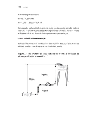 Bombas
118
Calculando pela expressão
H = HD
– Hs
portanto,
H = 47,925 - (-2,032) = 49,957m
Para calcular a altura total do sistema, tanto aberto quanto fechado, pode-se
usar uma só igualdade, em vez de efetuar primeiro o cálculo da altura de sucção
e depois o cálculo da altura de descarga, como é exposto a seguir.
Altura total do sistema aberto (H)
Para sistemas hidráulicos abertos, onde o reservatório de sucção está abaixo do
nível da bomba e o de descarga acima do nível da bomba.
Figura 77 – Reservatório de sucção abaixo da bomba e tubulação de
descarga acima do reservatório
Bombas.indd 118 18/02/2009 16:15:16
 
