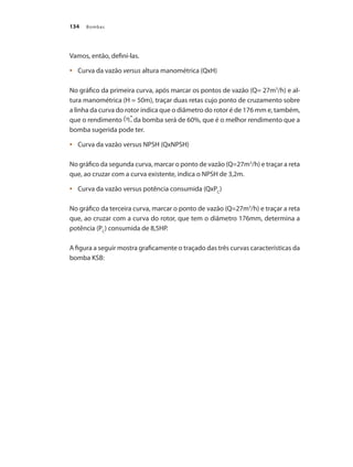 Bombas
134
Vamos, então, defini-las.
	 Curva da vazão
•	 versus altura manométrica (QxH)
No gráfico da primeira curva, após marcar os pontos de vazão (Q= 27m3
/h) e al-
tura manométrica (H = 50m), traçar duas retas cujo ponto de cruzamento sobre
a linha da curva do rotor indica que o diâmetro do rotor é de 176 mm e, também,
que o rendimento da bomba será de 60%, que é o melhor rendimento que a
bomba sugerida pode ter.
	 Curva da vazão versus NPSH (QxNPSH)
•	
No gráfico da segunda curva, marcar o ponto de vazão (Q=27m3
/h) e traçar a reta
que, ao cruzar com a curva existente, indica o NPSH de 3,2m.
	 Curva da vazão versus potência consumida (QxP
•	 C
)
No gráfico da terceira curva, marcar o ponto de vazão (Q=27m3
/h) e traçar a reta
que, ao cruzar com a curva do rotor, que tem o diâmetro 176mm, determina a
potência (PC
) consumida de 8,5HP.
A figura a seguir mostra graficamente o traçado das três curvas características da
bomba KSB:
Bombas.indd 134 18/02/2009 16:15:20
 