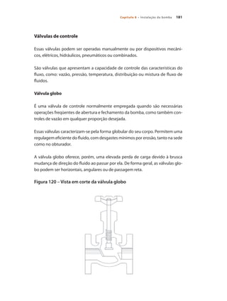 181
Capítulo 8 – Instalação da bomba
Válvulas de controle
Essas válvulas podem ser operadas manualmente ou por dispositivos mecâni-
cos, elétricos, hidráulicos, pneumáticos ou combinados.
São válvulas que apresentam a capacidade de controle das características do
fluxo, como: vazão, pressão, temperatura, distribuição ou mistura de fluxo de
fluidos.
Válvula globo
É uma válvula de controle normalmente empregada quando são necessárias
operações freqüentes de abertura e fechamento da bomba, como também con-
troles de vazão em qualquer proporção desejada.
Essas válvulas caracterizam-se pela forma globular do seu corpo. Permitem uma
regulagem eficiente do fluido, com desgastes mínimos por erosão, tanto na sede
como no obturador.
A válvula globo oferece, porém, uma elevada perda de carga devido à brusca
mudança de direção do fluido ao passar por ela. De forma geral, as válvulas glo-
bo podem ser horizontais, angulares ou de passagem reta.
Figura 120 – Vista em corte da válvula globo
Bombas.indd 181 18/02/2009 16:15:32
 