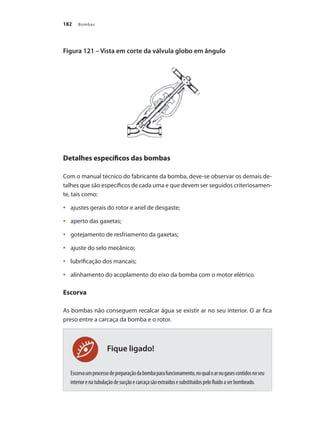 Bombas
182
Fique ligado!
Figura 121 – Vista em corte da válvula globo em ângulo
Detalhes específicos das bombas
Com o manual técnico do fabricante da bomba, deve-se observar os demais de-
talhes que são específicos de cada uma e que devem ser seguidos criteriosamen-
te, tais como:
	 ajustes gerais do rotor e anel de desgaste;
•	
	 aperto das gaxetas;
•	
	 gotejamento de resfriamento da gaxetas;
•	
	 ajuste do selo mecânico;
•	
	 lubrificação dos mancais;
•	
	 alinhamento do acoplamento do eixo da bomba com o motor elétrico.
•	
Escorva
As bombas não conseguem recalcar água se existir ar no seu interior. O ar fica
preso entre a carcaça da bomba e o rotor. 	
Escorvaumprocessodepreparaçãodabombaparafuncionamento,noqualoarougasescontidosnoseu
interiorenatubulaçãodesucçãoecarcaçasãoextraídosesubstituídospelofluídoaserbombeado.
Bombas.indd 182 18/02/2009 16:15:32
 