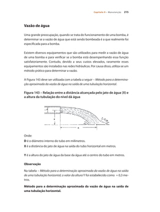 215
Capítulo 9 – Manutenção
Vazão de água
Uma grande preocupação, quando se trata do funcionamento de uma bomba, é
determinar se a vazão de água que está sendo bombeada é a que realmente foi
especificada para a bomba.
Existem diversos equipamentos que são utilizados para medir a vazão de água
de uma bomba e para verificar se a bomba está desempenhando essa função
satisfatoriamente. Contudo, devido a seus custos elevados, raramente esses
equipamentos são instalados nas redes hidráulicas. Por causa disso, utiliza-se um
método prático para determinar a vazão.
A Figura 143 deve ser utilizada com a tabela a seguir – Método para a determina-
ção aproximada da vazão de água na saída de uma tubulação horizontal.
Figura 143 – Relação entre a distância alcançada pelo jato de água (X) e
a altura da tubulação do nível dá água
Onde:		
D é o diâmetro interno do tubo em milímetros.
X é a distância do jato de água na saída do tubo horizontal em metros.
Y é a altura do jato de água da base da água até o centro do tubo em metros.
Observação 	
Na tabela – Método para a determinação aproximada da vazão de água na saída
de uma tubulação horizontal, o valor da altura Y foi estabelecido como = 0,3 me-
tros.
Método para a determinação aproximada da vazão de água na saída de
uma tubulação horizontal.
Bombas.indd 215 18/02/2009 16:15:39
 