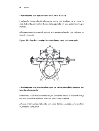 Bombas
46
• Bomba com o eixo horizontal do rotor entre mancais
Esta bomba é assim classificada porque o rotor está fixado na parte central do
eixo da bomba, em sentido horizontal e, apoiado em suas extremidades, por
mancais.
A figura em corte transversal, a seguir, apresenta uma bomba com o eixo do ro-
tor entre mancais.
Figura 31 – Bomba com eixo horizontal com rotor entre mancais
• Bomba com o eixo horizontal do rotor em balanço acoplado ao motor elé-
trico de acionamento
Essa bomba é classificada dessa forma por apresentar o rotor fixado, em balanço,
em uma extremidade do eixo do motor elétrico que o aciona.
A Figura 32 apresenta uma bomba com o eixo do rotor acoplado ao motor elétri-
co, em corte transversal.
Bombas.indd 46 18/02/2009 16:14:59
 