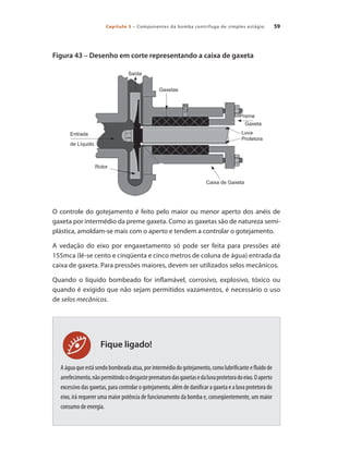 Capítulo 3 – Componentes da bomba centrífuga de simples estágio 59
Fique ligado!
Figura 43 – Desenho em corte representando a caixa de gaxeta
O controle do gotejamento é feito pelo maior ou menor aperto dos anéis de
gaxeta por intermédio da preme gaxeta. Como as gaxetas são de natureza semi-
plástica, amoldam-se mais com o aperto e tendem a controlar o gotejamento.
A vedação do eixo por engaxetamento só pode ser feita para pressões até
155mca (lê-se cento e cinqüenta e cinco metros de coluna de água) entrada da
caixa de gaxeta. Para pressões maiores, devem ser utilizados selos mecânicos.
Quando o líquido bombeado for inflamável, corrosivo, explosivo, tóxico ou
quando é exigido que não sejam permitidos vazamentos, é necessário o uso
de selos mecânicos.
Aáguaqueestásendobombeadaatua,porintermédiodogotejamento,comolubrificanteefluidode
arrefecimento,nãopermitindoodesgasteprematurodasgaxetasedaluvaprotetoradoeixo.Oaperto
excessivo das gaxetas, para controlar o gotejamento, além de danificar a gaxeta e a luva protetora do
eixo, irá requerer uma maior potência de funcionamento da bomba e, conseqüentemente, um maior
consumo de energia.
Entrada
de Líquido
Rotor
Caixa de Gaxeta
Luva
Protetora
Gaxeta
Preme
Gaxetas
Saída
Bombas.indd 59 18/02/2009 16:15:03
 