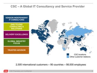 CSC Proprietary and Confidential 3
VENDOR-INDEPENDENT
IT CONSULTUNG
END-TO-END
CONSULTING &
SOLUTIONS
DELIVERY EXCELLENCE
GLOBAL INDUSTRY
FOCUS
CLIENT INTIMACY
TRUSTED ADVISOR
2,500 international customers – 90 countries – 98,000 employees
CSC locations
Other customer relations
CSC – A Global IT Consultancy and Service Provider
 