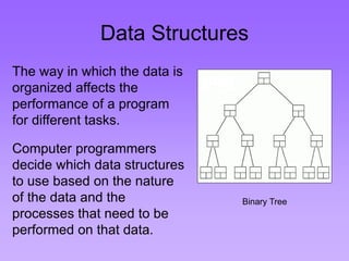 Data Structures 
The way in which the data is 
organized affects the 
performance of a program 
for different tasks. 
Computer programmers 
decide which data structures 
to use based on the nature 
of the data and the 
processes that need to be 
performed on that data. 
Binary Tree 
 