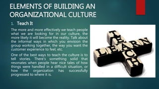 ELEMENTS OF BUILDING AN
ORGANIZATIONAL CULTURE
2. Define It
If you have a number of
leaders running your organization, you...