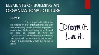 ELEMENTS OF BUILDING AN
ORGANIZATIONAL CULTURE
4. Measure It
Once we’ve identified the key
elements of our desired culture...