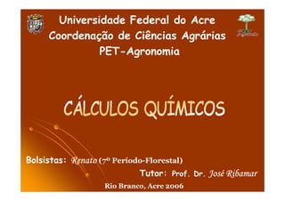 Universidade Federal do Acre
     Coordenação de Ciências Agrárias
               PET-Agronomia




Bolsistas: Renato (7º Período-Florestal)
                            Tutor: Prof. Dr. José Ribamar
                   Rio Branco, Acre 2006
 