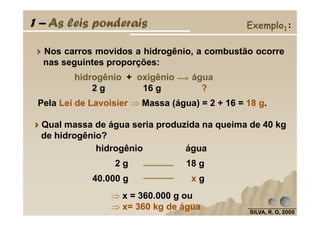 1 – As leis ponderais
Nos carros movidos a hidrogênio, a combustão ocorre
nas seguintes proporções:
Pela Lei de Lavoisier ⇒⇒⇒⇒ Massa (água) = 2 + 16 = 18 g.
Exemplo1:
hidrogênio + oxigênio água
2 g 16 g ?
SILVA, R. O, 2005SILVA, R. O, 2005SILVA, R. O, 2005SILVA, R. O, 2005
Qual massa de água seria produzida na queima de 40 kg
de hidrogênio?
hidrogênio água
2 g 18 g
40.000 g x g
⇒⇒⇒⇒ x = 360.000 g ou
⇒⇒⇒⇒ x= 360 kg de água
 