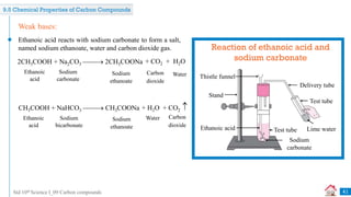 Std 10th Science I_09 Carbon compounds
Ethanoic acid reacts with sodium carbonate to form a salt,
named sodium ethanoate, water and carbon dioxide gas.
Weak bases:
2CH3COOH + Na2CO3  2CH3COONa
Ethanoic
acid
Sodium
carbonate
Sodium
ethanoate
Water
Carbon
dioxide
+ CO2 + H2O
CH3COOH + NaHCO3  CH3COONa
Ethanoic
acid
Sodium
bicarbonate
Sodium
ethanoate
Water Carbon
dioxide
+ H2O + CO2 
41
Reaction of ethanoic acid and
sodium carbonate
Delivery tube
Test tube
Sodium
carbonate
Thistle funnel
Stand
Ethanoic acid Lime water
Test tube
9.5 Chemical Properties of Carbon Compounds
 