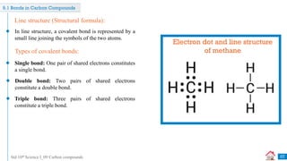 Std 10th Science I_09 Carbon compounds
9.1 Bonds in Carbon Compounds
Types of covalent bonds:
Single bond: One pair of shared electrons constitutes
a single bond.
Double bond: Two pairs of shared electrons
constitute a double bond.
Triple bond: Three pairs of shared electrons
constitute a triple bond.
In line structure, a covalent bond is represented by a
small line joining the symbols of the two atoms.
Line structure (Structural formula):
Electron dot and line structure
of methane
07
 