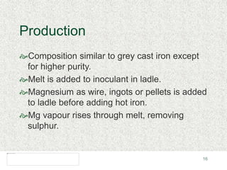 16
Production
Composition similar to grey cast iron except
for higher purity.
Melt is added to inoculant in ladle.
Magnesium as wire, ingots or pellets is added
to ladle before adding hot iron.
Mg vapour rises through melt, removing
sulphur.
 