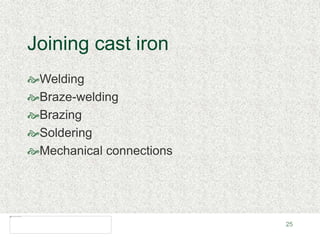 25
Joining cast iron
Welding
Braze-welding
Brazing
Soldering
Mechanical connections
 