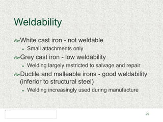 29
Weldability
White cast iron - not weldable
 Small attachments only
Grey cast iron - low weldability
 Welding largely restricted to salvage and repair
Ductile and malleable irons - good weldability
(inferior to structural steel)
 Welding increasingly used during manufacture
 