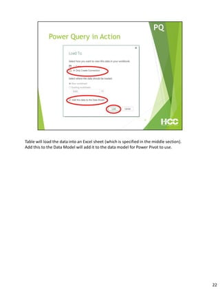 Table will load the data into an Excel sheet (which is specified in the middle section).
Add this to the Data Model will add it to the data model for Power Pivot to use.
22
 