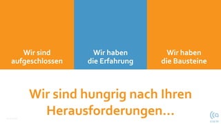 Wir haben
die Erfahrung
Wir sind
aufgeschlossen
Wir haben
die Bausteine
12.10.2021
Wir sind hungrig nach Ihren
Herausforderungen…
 