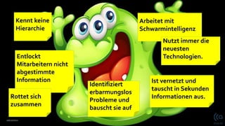 10/12/2021
Kennt keine
Hierarchie
Arbeitet mit
Schwarmintelligenz
Ist vernetzt und
tauscht in Sekunden
Informationen aus.
Entlockt
Mitarbeitern nicht
abgestimmte
Information
Identifiziert
erbarmungslos
Probleme und
bauscht sie auf
Nutzt immer die
neuesten
Technologien.
Rottet sich
zusammen
 