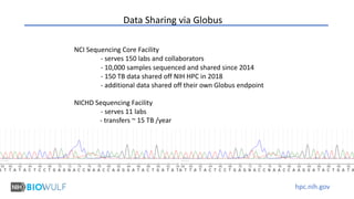 hpc.nih.gov
Data Sharing via Globus
NCI Sequencing Core Facility
- serves 150 labs and collaborators
NICHD Sequencing Facility
- serves 11 labs
- 10,000 samples sequenced and shared since 2014
- 150 TB data shared off NIH HPC in 2018
- additional data shared off their own Globus endpoint
- transfers ~ 15 TB /year
 
