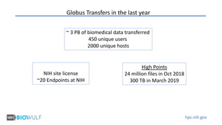 hpc.nih.gov
Globus Transfers in the last year
~ 3 PB of biomedical data transferred
450 unique users
2000 unique hosts
High Points
24 million files in Oct 2018
300 TB in March 2019
NIH site license
~20 Endpoints at NIH
 