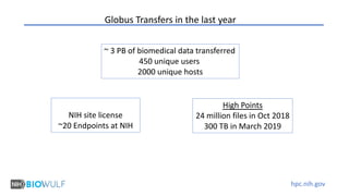 hpc.nih.gov
Globus Transfers in the last year
~ 3 PB of biomedical data transferred
450 unique users
2000 unique hosts
Hig...