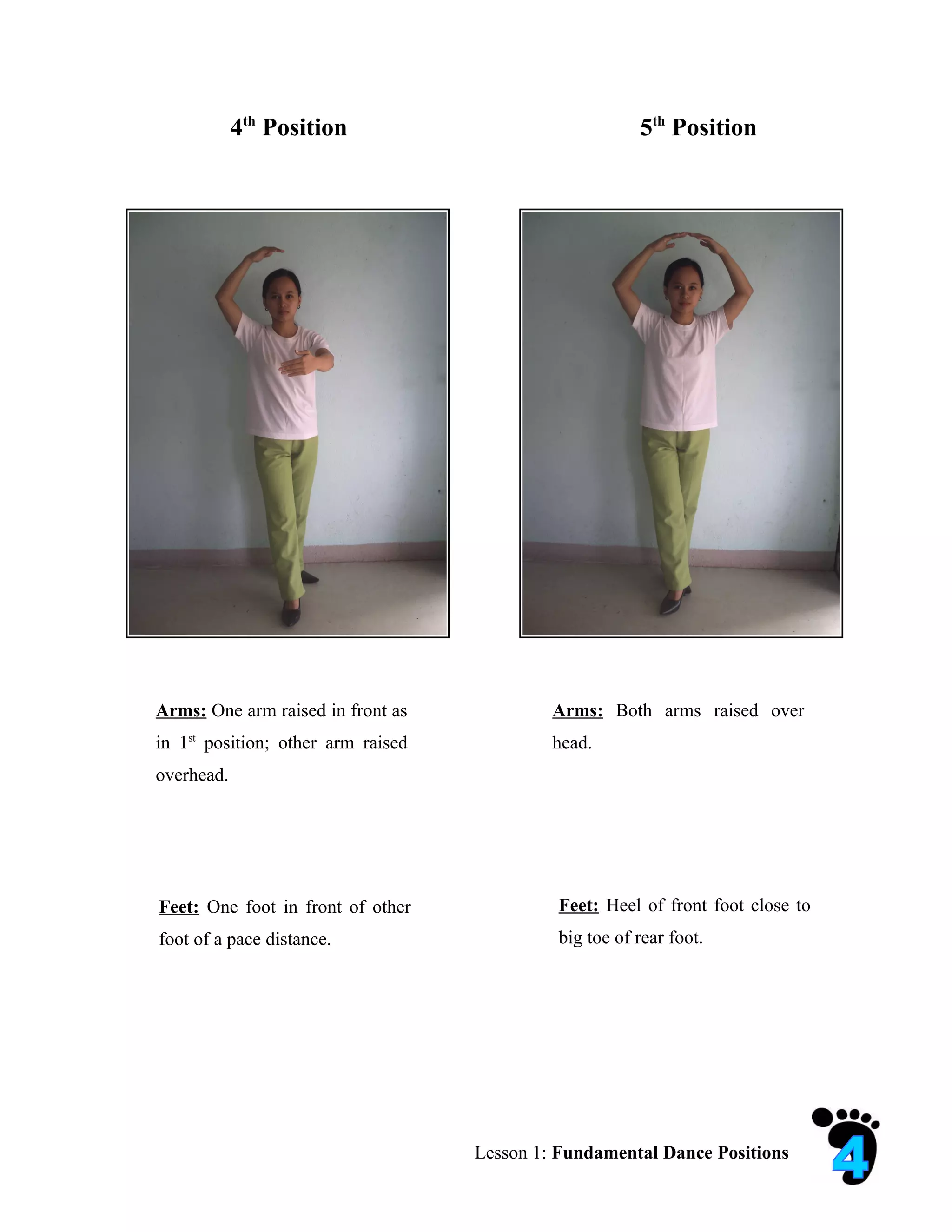 4th Position                                5th Position




Arms: One arm raised in front as             Arms: Both arms raised over
in 1st position; other arm raised            head.
overhead.




Feet: One foot in front of other             Feet: Heel of front foot close to
foot of a pace distance.                     big toe of rear foot.




                                    Lesson 1: Fundamental Dance Positions
 
