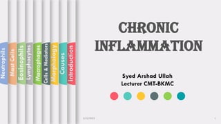 CHRONIC
INFLAMMATION
Syed Arshad Ullah
Lecturer CMT-BKMC
Introduction
Causes
Morphology
Cells
&
Mediators
Role
of
Macrophages
Mast
Cells
Eosinophils
Lymphocytes
Neutrophils
3/15/2022 1
 
