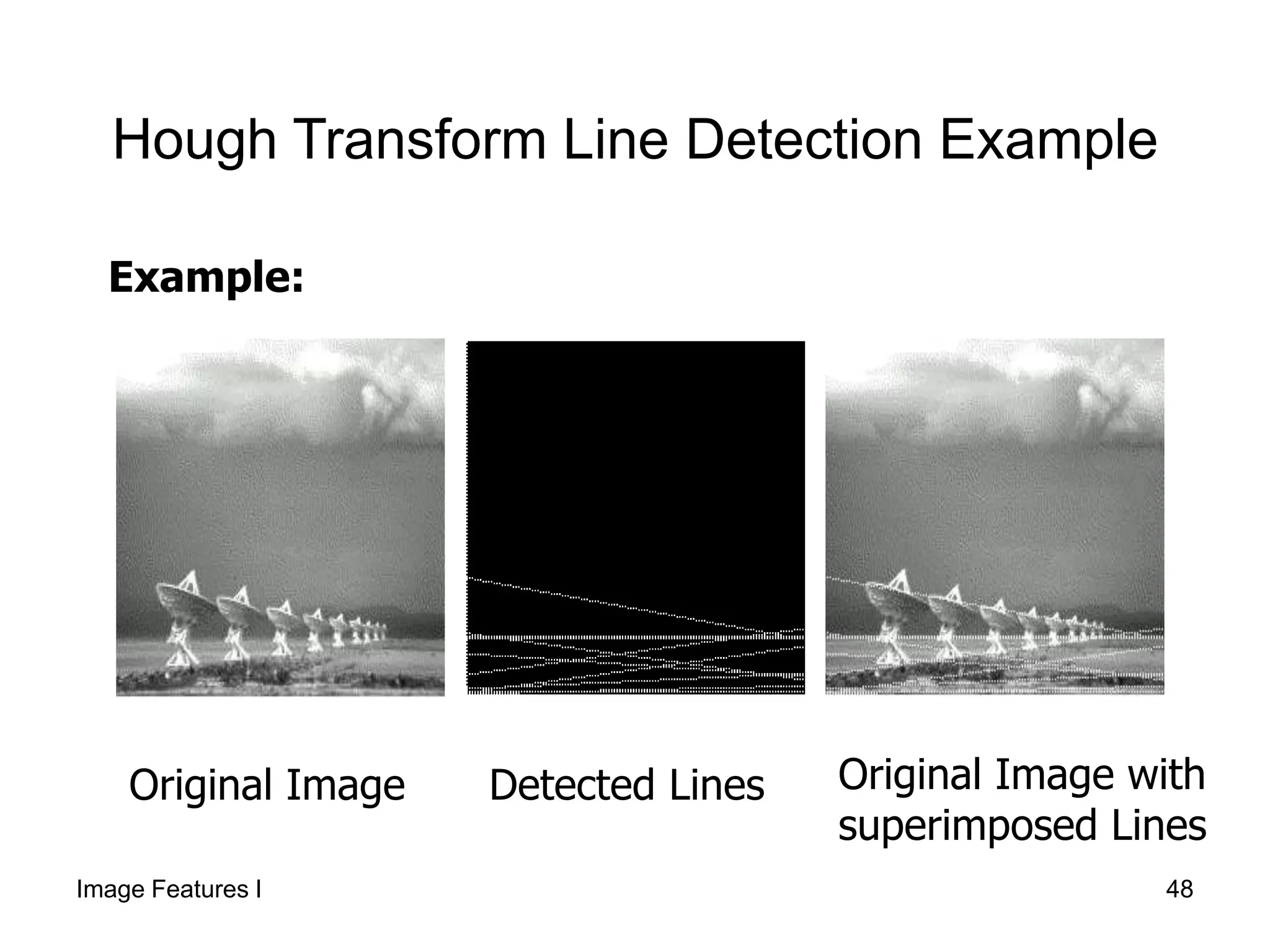 Hough Transform Line Detection Example
Original Image Original Image with
superimposed Lines
Detected Lines
Example:
Image Features I 48
 