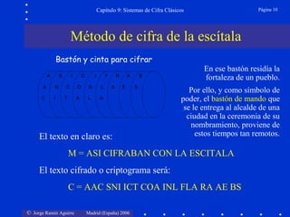 © Jorge Ramió Aguirre Madrid (España) 2006
Capítulo 9: Sistemas de Cifra Clásicos Página 10
A S I C I F R A B
A N C O N L A E S
C I T A L A
El texto en claro es:
M = ASI CIFRABAN CON LA ESCITALA
El texto cifrado o criptograma será:
C = AAC SNI ICT COA INL FLA RA AE BS
En ese bastón residía la
fortaleza de un pueblo.
Por ello, y como símbolo de
poder, el bastón de mando que
se le entrega al alcalde de una
ciudad en la ceremonia de su
nombramiento, proviene de
estos tiempos tan remotos.
Método de cifra de la escítala
Bastón y cinta para cifrar
 