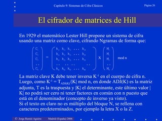 © Jorge Ramió Aguirre Madrid (España) 2006
Capítulo 9: Sistemas de Cifra Clásicos Página 26
En 1929 el matemático Lester Hill propone un sistema de cifra
usando una matriz como clave, cifrando Ngramas de forma que:
C1 k11 k12 k13 ... k1N M1
C2 k21 k22 k23 ... k2N M2
C3 k31 k32 k33 ... k3N M3
.. .. .. .. .. ..
CN kN1 kN2 kN3 ... kNN MN
El cifrador de matrices de Hill
= X mod n
La matriz clave K debe tener inversa K-1
en el cuerpo de cifra n.
Luego, como K-1
= TADJ(K)/|K| mod n, en donde ADJ(K) es la matriz
adjunta, T es la traspuesta y |K| el determinante, este último valor |
K| no podrá ser cero ni tener factores en común con n puesto que
está en el denominador (concepto de inverso ya visto).
Si el texto en claro no es múltiplo del bloque N, se rellena con
caracteres predeterminados, por ejemplo la letra X o la Z.
 