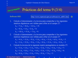 © Jorge Ramió Aguirre Madrid (España) 2006
Capítulo 9: Sistemas de Cifra Clásicos Página 40
Prácticas del tema 9 (3/4)
Software Hill: http://www.criptored.upm.es/software/sw_m001i.htm
1. Calcule el determinante y la inversa para comprobar si las siguientes
matrices digrámicas son válidas para cifrar en el cuerpo 27:
k11 = 7; k12 = 10; k21 = 12; k22 = 19.
k11 = 8; k12 = 5; k21 = 2; k22 = 8.
k11 = 18; k12 = 15; k21 = 7; k22 = 8.
2. Calcule el determinante y la inversa para comprobar si las siguientes
matrices trigrámicas son válidas para cifrar en el cuerpo 27:
k11 = 4; k12 = 12; k13 = 9; k21 = 5; k22 = 0; k23 = 13; k31 = 6; k32 = 8; k33 = 3.
k11 = 3; k12 = 12; k13 = 9; k21 = 5; k22 = 0; k23 = 13; k31 = 6; k32 = 8; k33 = 3.
3. Calcule la inversa de la siguiente matriz pentagrámica en modulo 27:
k11 = 3; k12 = 2; k13 = 1; k14 = 0; k15 = 2; k21 = 5; k22 = 5; k23 = 3; k24 = 7;
k25 = 1; k31 = 8; k32 = 7; k33 = 6; k34 = 5; k35 = 5; k41 = 4; k42 = 9; k43 = 6;
k44 = 8; k45 = 3; k51 = 3; k52 = 9; k53 = 8; k54 = 7; k55 = 3.

 