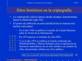 © Jorge Ramió Aguirre Madrid (España) 2006
Capítulo 9: Sistemas de Cifra Clásicos Página 8
• La criptografía clásica abarca desde tiempos inmemoriales
hasta la mitad del siglo XX.
• El punto de inflexión en esta clasificación la marcan tres
hechos relevantes:
– En el año 1948 se publica el estudio de Claude Shannon
sobre la Teoría de la Información.
– En 1974 aparece el estándar de cifra DES.
– Y en el año 1976 se publica el estudio realizado por
Whitfield Diffie y Martin Hellman sobre la aplicación de
funciones matemáticas de un solo sentido a un modelo de
cifra, denominado cifrado con clave pública.
C
I
F
R
A
D
O
D
I
G
I
T
A
L
Hitos históricos en la criptografía
http://www.cs.jhu.edu/~rubin/courses/sp03/papers/diffie.hellman.pdf
 