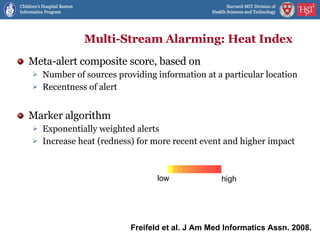 Multi-Stream Alarming: Heat Index Meta-alert composite score, based on Number of sources providing information at a particular location Recentness of alert Marker algorithm Exponentially weighted alerts  Increase heat (redness) for more recent event and higher impact low high Freifeld et al. J Am Med Informatics Assn. 2008. 