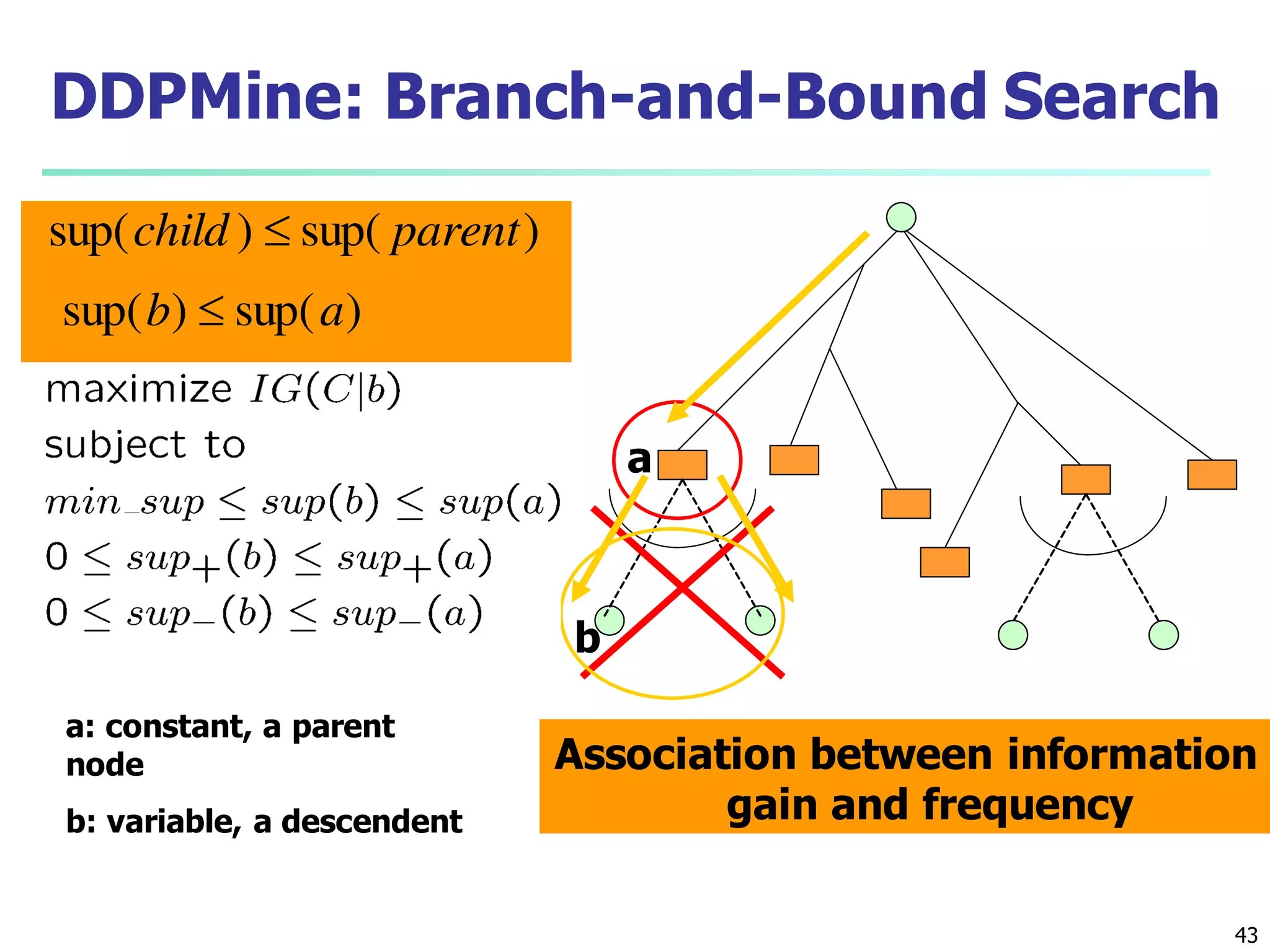 43
DDPMine: Branch-and-Bound Search
Association between information
gain and frequency
a
b
a: constant, a parent
node
b: variable, a descendent
)sup()sup( parentchild 
)sup()sup( ab 
 
