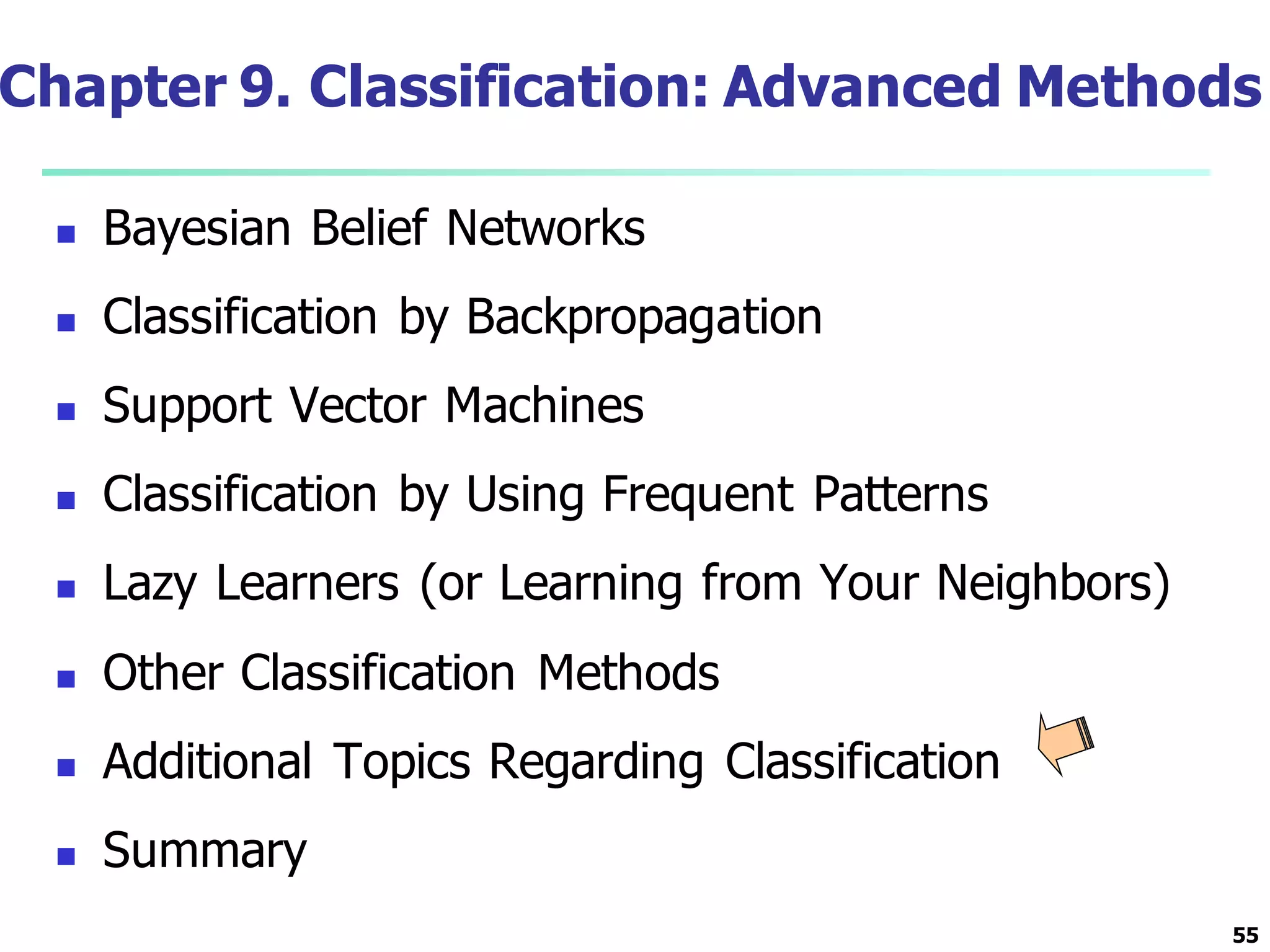 55
Chapter 9. Classification: Advanced Methods
 Bayesian Belief Networks
 Classification by Backpropagation
 Support Vector Machines
 Classification by Using Frequent Patterns
 Lazy Learners (or Learning from Your Neighbors)
 Other Classification Methods
 Additional Topics Regarding Classification
 Summary
 