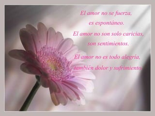 El amor no se fuerza, es espontáneo. El amor no son solo caricias, son sentimientos. El amor no es todo alegría, también dolor y sufrimiento.