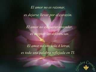 El amor no es razonar,  es dejarse llevar por el corazón. El amor no es querer entender,  es aceptar las diferencias. El amor no son solo 4 letras,  es toda una palabra reflejada en TI. 