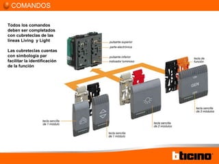 COMANDOS Todos los comandos deben ser completados con cubreteclas de las líneas Living  y Light Las cubreteclas cuentas con simbología par facilitar la identificación de la función 