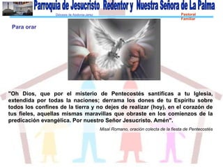 Diócesis de Asidonia-Jerez Pastoral
Familiar
"Oh Dios, que por el misterio de Pentecostés santificas a tu Iglesia,
extendida por todas la naciones; derrama los dones de tu Espíritu sobre
todos los confines de la tierra y no dejes de realizar (hoy), en el corazón de
tus fieles, aquellas mismas maravillas que obraste en los comienzos de la
predicación evangélica. Por nuestro Señor Jesucristo. Amén".
Misal Romano, oración colecta de la fiesta de Pentecostés
Para orar
 