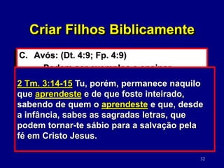 32
C. Avós: (Dt. 4:9; Fp. 4:9)
• Podem ser exemplos e ensinar
verades espirituais.
2 Tm. 1:5 pela recordação que guardo de tua
fé sem fingimento, a mesma que, primeira-
mente, habitou em tua avó Lóide e em tua
mãe Eunice, e estou certo de que também,
em ti.
Criar Filhos Biblicamente
2 Tm. 3:14-15 Tu, porém, permanece naquilo
que aprendeste e de que foste inteirado,
sabendo de quem o aprendeste e que, desde
a infância, sabes as sagradas letras, que
podem tornar-te sábio para a salvação pela
fé em Cristo Jesus.
 