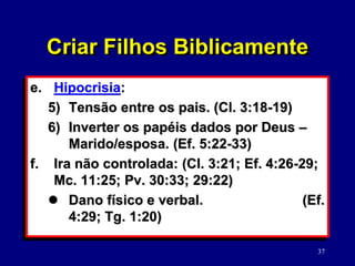 37
e. Hipocrisia:
5) Tensão entre os pais. (Cl. 3:18-19)
6) Inverter os papéis dados por Deus –
Marido/esposa. (Ef. 5:22-33)
f. Ira não controlada: (Cl. 3:21; Ef. 4:26-29;
Mc. 11:25; Pv. 30:33; 29:22)
 Dano físico e verbal. (Ef.
4:29; Tg. 1:20)
Criar Filhos Biblicamente
 