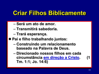 53
– Será um ato de amor.
– Transmitirá sabedoria.
– Trará esperança.
 Pai e filho trabalhando juntos:
– Construindo um relacionamento
baseado na Palavra de Deus.
– Direcionado nossos filhos em cada
circumstância em direção a Cristo. (1
Tm. 1:1; Jo. 14:6)
Criar Filhos Biblicamente
 