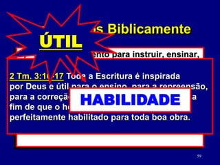 59
7) Use este momento para instruir, ensinar,
treinar, orar. (2 Tm. 3:16-17)
• Fique com seu filho; avalie a sua
reação.
• Conduza-o ao arrependimento.
• A criança deve pedir perdão a Deus e
às pessoas adequadas.
2 Tm. 3:16-17 Toda a Escritura é inspirada
por Deus e útil para o ensino, para a repreensão,
para a correção, para a educação na justiça, a
fim de que o homem de Deus seja perfeito e
perfeitamente habilitado para toda boa obra.
Criar Filhos Biblicamente
ENSINO
REPREENSÃO
CORREÇÃO
EDUCAÇÃO
PERFEITO
MATURIDADE
HABILIDADE
ÚTIL
 