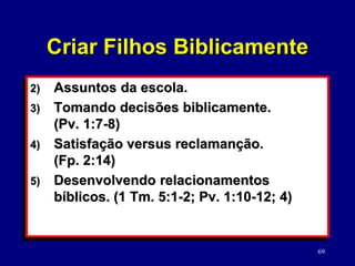 69
2) Assuntos da escola.
3) Tomando decisões biblicamente.
(Pv. 1:7-8)
4) Satisfação versus reclamanção.
(Fp. 2:14)
5) Desenvolvendo relacionamentos
bíblicos. (1 Tm. 5:1-2; Pv. 1:10-12; 4)
Criar Filhos Biblicamente
 